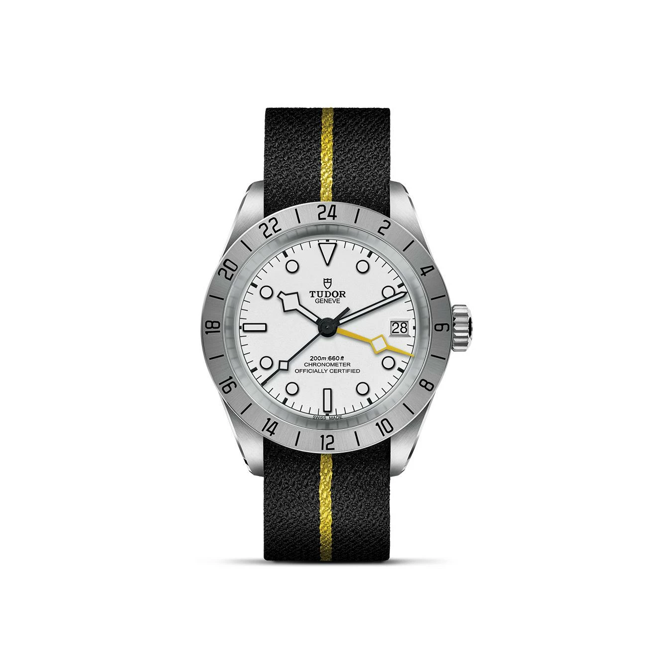 Montre TUDOR Black Bay Pro, boîtier en acier, 39 mm, bracelet en tissu noir avec bande jaune