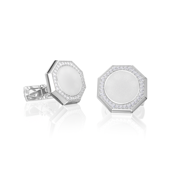 Bouton de manchette Octogone Or Blanc Onyx / Lapis-Lazuli / Agate Blanche